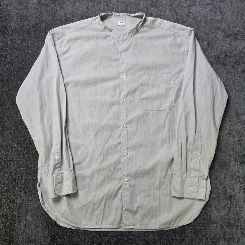 Uniqlo Band Collar Long Sleeve Shirt Mens Large White Striped 100% Cotton L